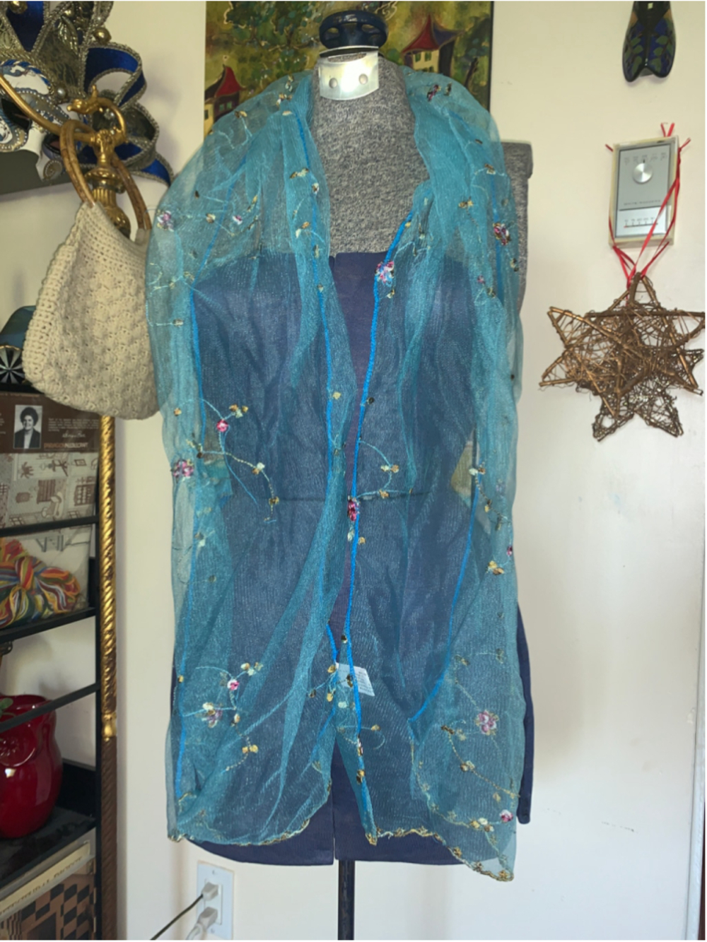 Women's Unbranded Sheer Floral Embroidered Scarf One Size Blue Gold